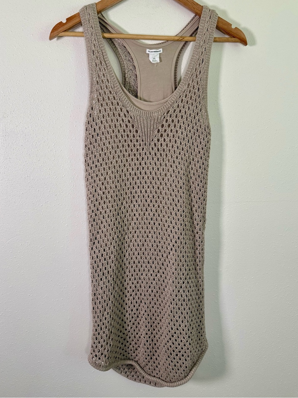 Club Monaco Linen Blend Open Knit Sweater Dress Tunic Taupe Small NWOT